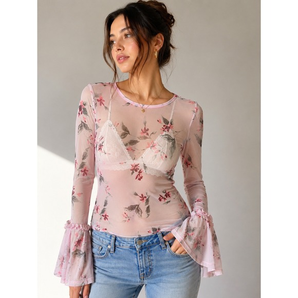 Freshman Tops - Freshman Pink Floral Mesh Long Bell Sleeve Top Sheer L Romantic Boho Fairycore